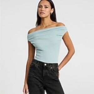 Express Boat Neck Cap Sleeve Ruched Bodysuit in New Sea Foam NWT